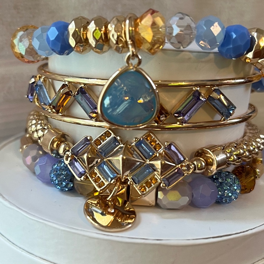 Bomb Party Southern Skies Stack Gold and Blue Beaded Bracelet Set
